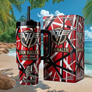 Van Halen Guitar Legend “Eruption” Red White Black Striped 40oz Tumbler