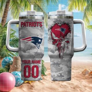 Personalized New England Patriots Tumbler Digital Camo Skull Drip