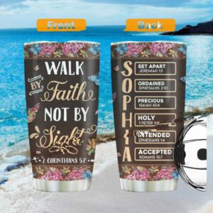 Walk by Faith Not by Sight Personalized Butterfly & Floral Leather Look Tumbler