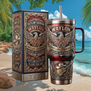 Waylon Jennings Outlaw Country Eagle Jeweled 3D 40oz Tumbler & Case