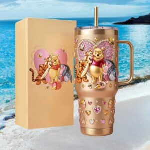 Winnie The Pooh and Friends Gold Heart 3D Cute Aesthetic Tumbler