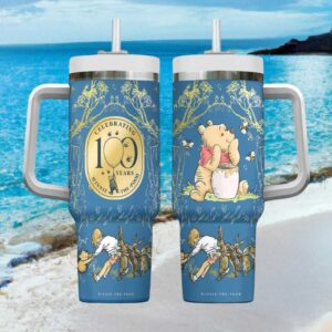Winnie the Pooh Celebrating 100 Years Blue Insulated Travel Tumbler with Handle