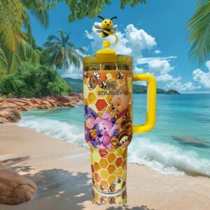 Winnie the Pooh and Friends Honeycomb Pattern Custom Tumbler with Bee Straw Topper