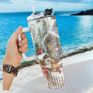 Winter Wonderland Red Cardinal & Snow Cabin Christmas Scenery Tumbler