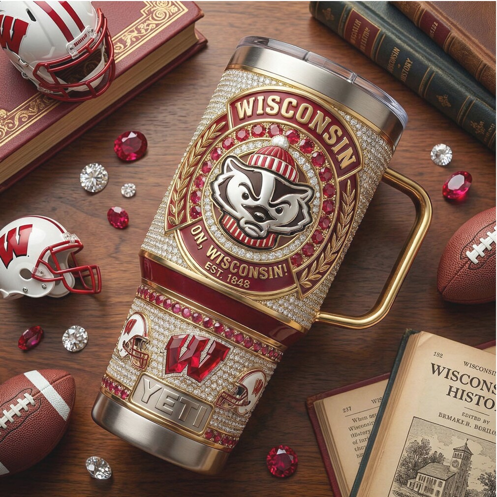 Wisconsin Badgers “On, Wisconsin!” Diamond Studded Red & White 40oz Tumbler Wisconsin Badgers “On, Wisconsin!” Diamond Studded Red & White 40oz Tumbler