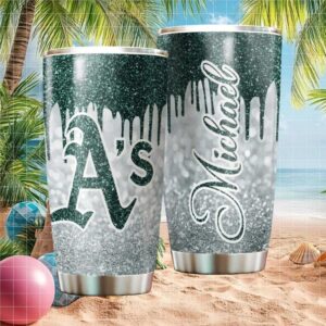 Personalized Oakland Athletics A's MLB Green Glitter Drip Tumbler
