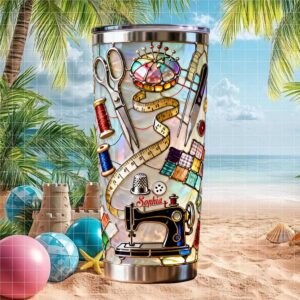 Personalized Stained Glass Sewing Machine & Quilting Tools Tumbler