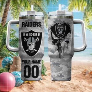 Personalized Las Vegas Raiders Camo Drip Skull Shield Tumbler with Handle