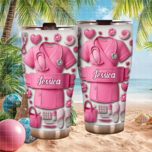 Personalized Nurse Pink Scrub Tumbler Custom Name Healthcare Worker Gift