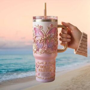 3D Dolly Parton Butterfly Pink Custom 40oz Tumbler with Handle