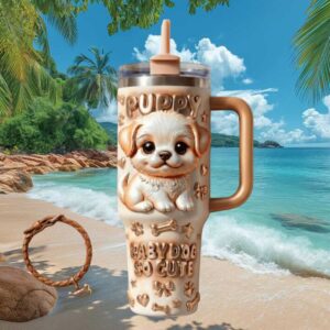 Baby Dog So Cute 3D Puppy Relief 40oz Tumbler Cream Gold Luxury Pet Lover Gift