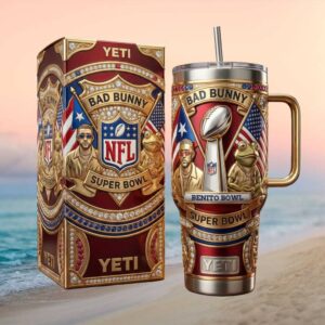 Bad Bunny NFL Super Bowl Halftime Show 3D Custom Gold Tumbler