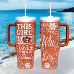 Bengals Football Floral Glitter Tumbler 40oz With Handle and Straw