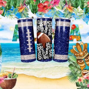Blue Glitter Football Mom Leopard Print Sports Aesthetic Skinny Tumbler Wrap