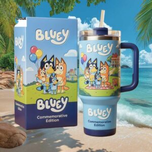Bluey Family Commemorative Edition Kids & Adults Blue Travel Tumbler with Straw