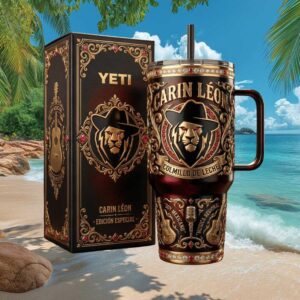 Carin León Colmillo de Leche Special Edition 40oz Tumbler Black & Gold Lion Design