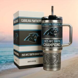 Carolina Panthers 2025 NFC South Champions Limited Edition Silver & Black 40oz Tumbler