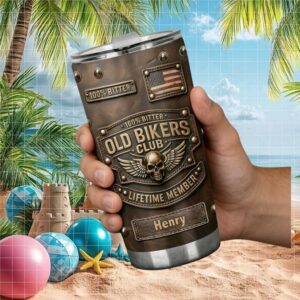 Custom Old Bikers Club Lifetime Member Brown Faux Leather Skull Tumbler
