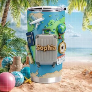 Custom World Traveler Passport and Map Theme Personalized Vacation Tumbler