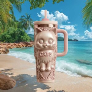 Cute Pink Pearlescent Cat Tumbler 3D Kawaii Kitty Lover Tumbler