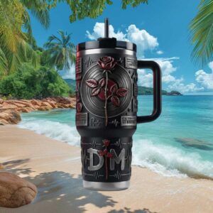 Depeche Mode Rose & Vinyl Record Inspired Custom 40oz Tumbler with Handle