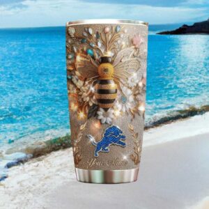 Detroit Lions Custom Name Jeweled Bee & Flowers Glitter Steel Tumbler
