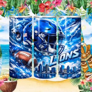 Detroit Lions Fantasy Football 20oz Tumbler Wrap Glowing Blue Lion & City Skyline