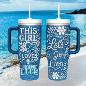 Detroit Lions NFL Blue Glitter 40oz Tumbler with Straw and Handle