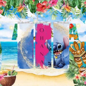 Disney Stitch Ohana Means Family Blue Pink Watercolor Tumbler Wrap