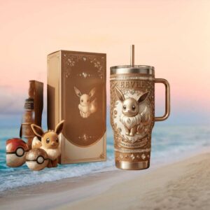 Eevee Endless Potential Pokémon 3D Elegant Cream & Gold Filigree Tumbler & Box