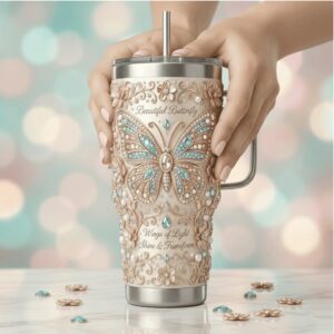 Elegant 3D Butterfly Floral 40oz Tumbler “Wings of Light” Cream & Teal Jeweled Tumbler