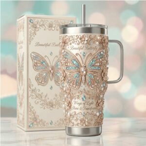 Elegant 3D Butterfly Floral 40oz Tumbler “Wings of Light” Cream & Teal Jeweled Tumbler