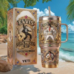 Elvis Presley 91st Anniversary “King of Rock 'n' Roll” 40oz Yeti Tumbler Gold