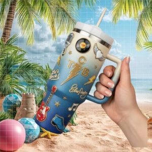 Elvis Presley TCB Lightning Bolt Signature Blue Glitter Holiday Tumbler