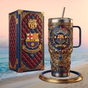 FC Barcelona “Mes Que Un Club” 40oz Tumbler   Quilted Leather Style Soccer Travel Tumbler