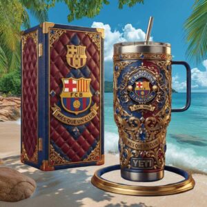 FC Barcelona “Mes Que Un Club” 40oz Tumbler   Quilted Leather Style Soccer Travel Tumbler