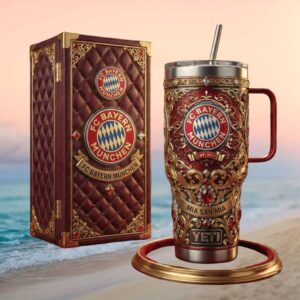 FC Bayern Munchen “Mia San Mia” 40oz Tumbler   Luxury Red & Gold Soccer Fan Tumbler