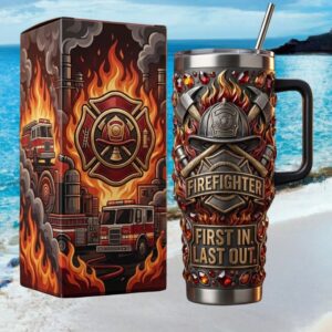 Firefighter “First In Last Out” Embossed Tumbler   3D Fire & Helmet Collector Set