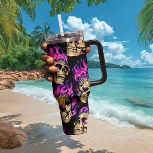 Flaming Purple & Blue Skull Pattern Insulated Travel Tumbler