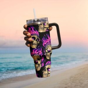 Flaming Purple & Blue Skull Pattern Insulated Travel Tumbler