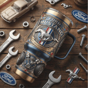 Ford Mustang “The Legend Continues” 3D Engine & Logo Embossed Blue Tumbler