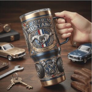 Ford Mustang “The Legend Continues” 3D Engine & Logo Embossed Blue Tumbler
