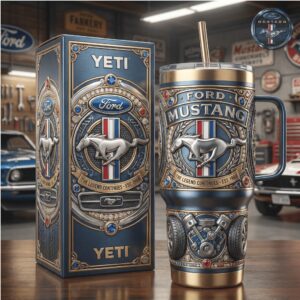 Ford Mustang “The Legend Continues” 3D Engine & Logo Embossed Blue Tumbler