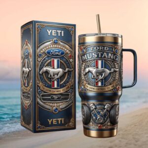 Ford Mustang The Legend Continues Est. 1964 3D Chrome Style Tumbler & Yeti Box