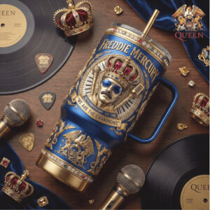 Freddie Mercury Queen Tribute 40oz Tumbler   Royal Gold & Blue “We Are The Champions” Tumbler