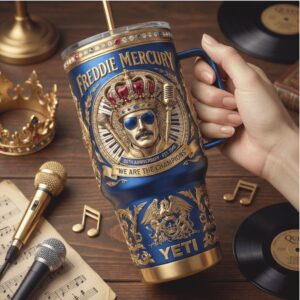 Freddie Mercury Queen Tribute 40oz Tumbler Royal Gold & Blue “We Are The Champions” Tumbler
