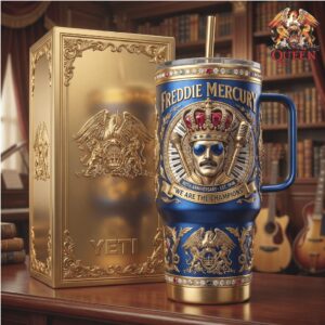 Freddie Mercury Queen Tribute 40oz Tumbler Royal Gold & Blue “We Are The Champions” Tumbler
