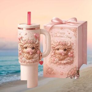 Happy Valentine's Day Pink Highland Cow 3D Sculpted Tumbler with Offical Box