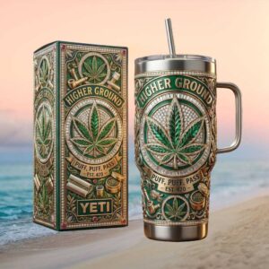 Higher Ground “Puff Puff Pass” Cannabis Leaf Ornate 40oz Tumbler