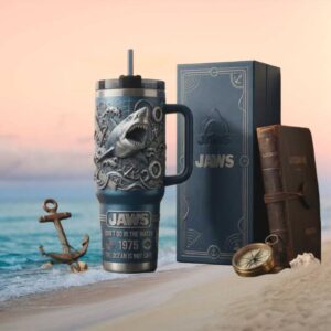 JAWS 1975 “Don't Go In The Water” 3D Shark Attack 40oz Blue Tumbler